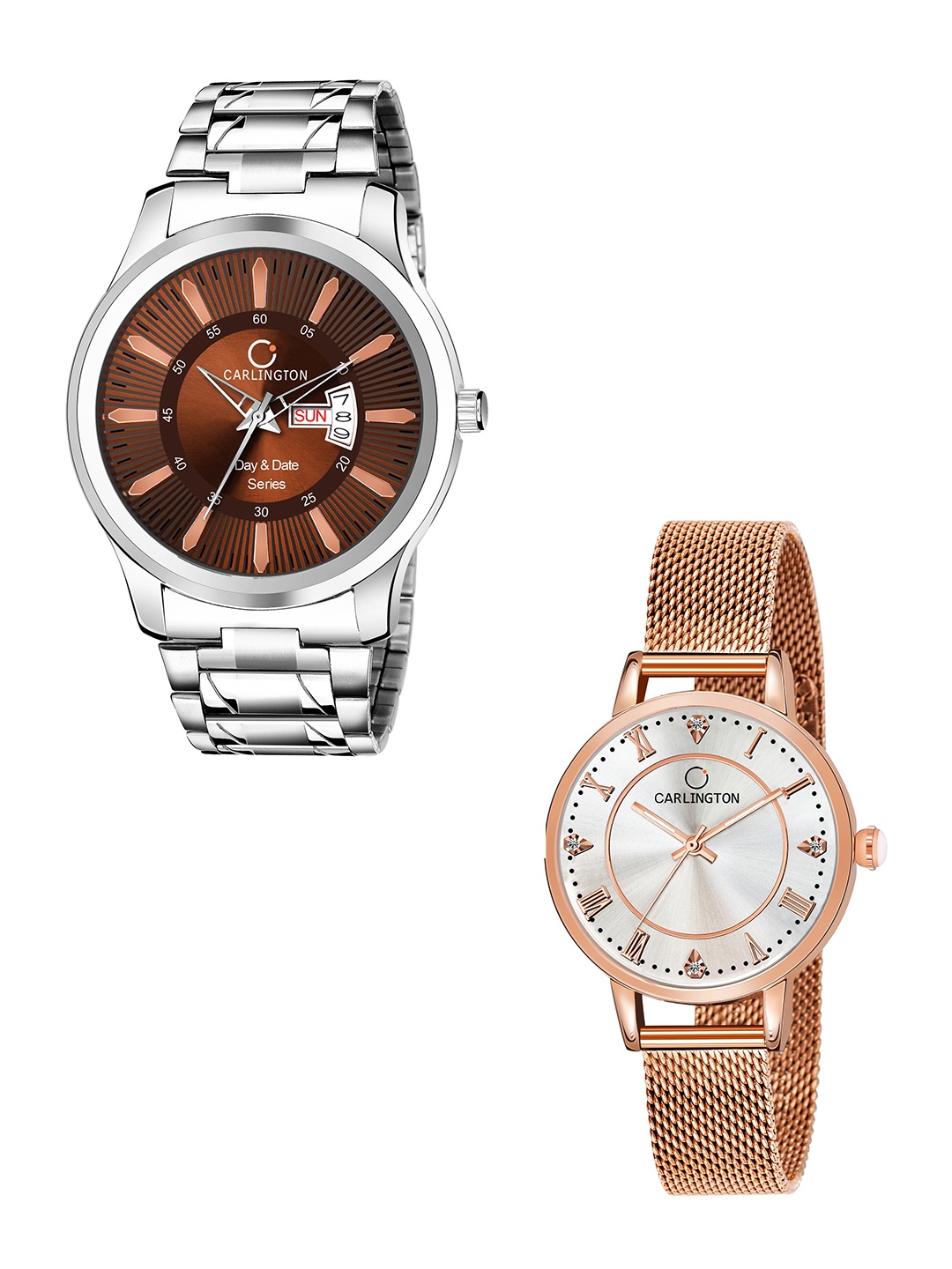 

CARLINGTON Men Set Of 2 Stainless Steel Bracelet Style Straps Analogue Watch, Multi
