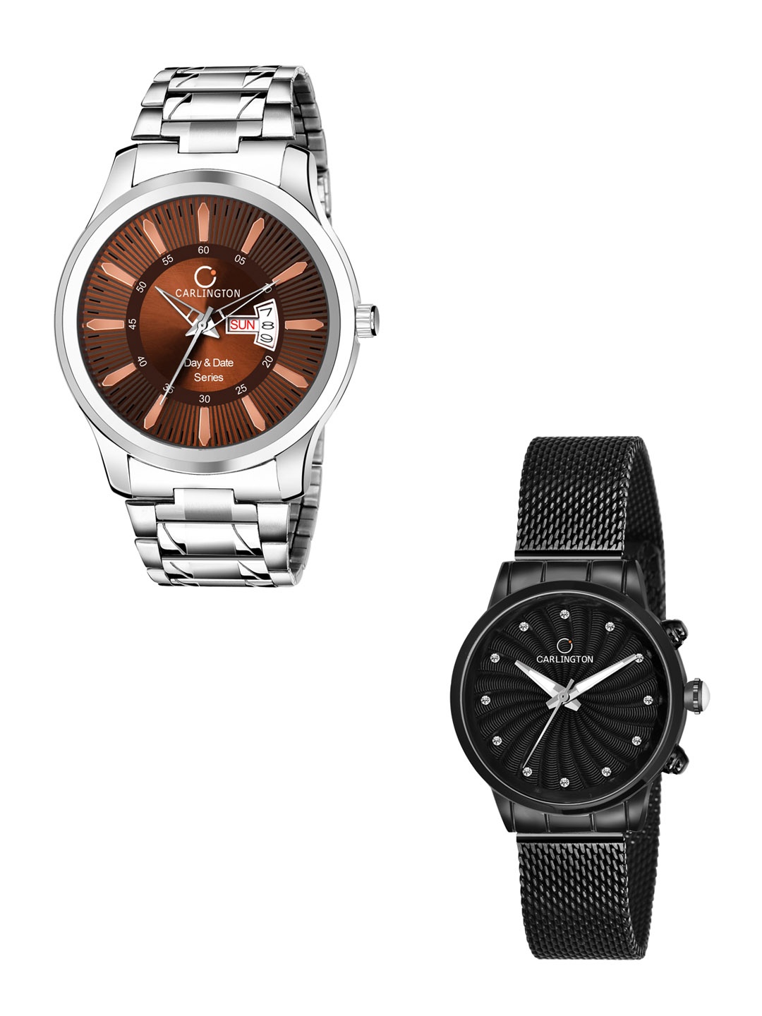 

CARLINGTON Men Set Of 2 Stainless Steel Bracelet Style Straps Analogue Watch, Multi