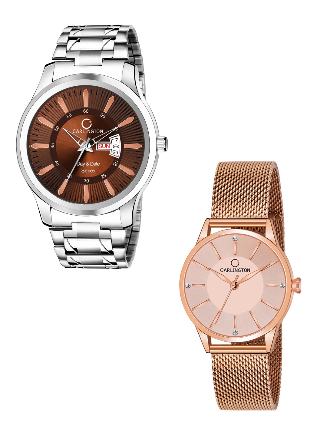 

CARLINGTON Men Pack of 2 Stainless Steel Bracelet Style Straps Analogue Watch, Multi