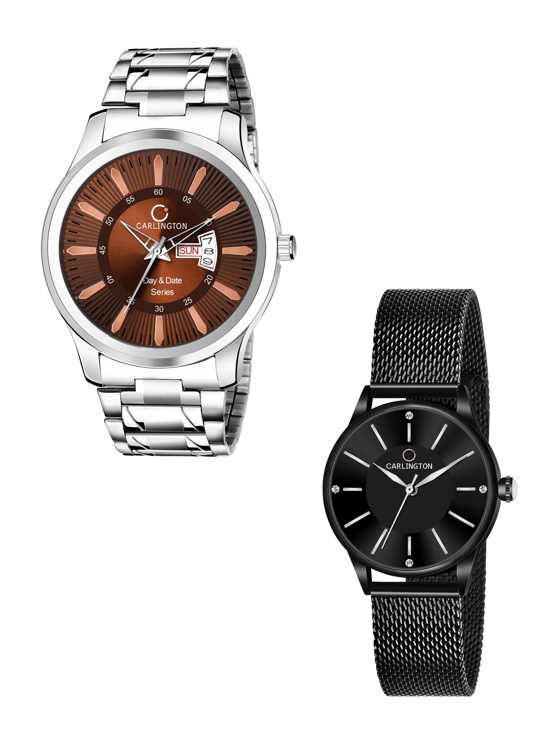 

CARLINGTON Men Pack of 2 Stainless Steel Bracelet Style Straps Analogue Watch, Multi