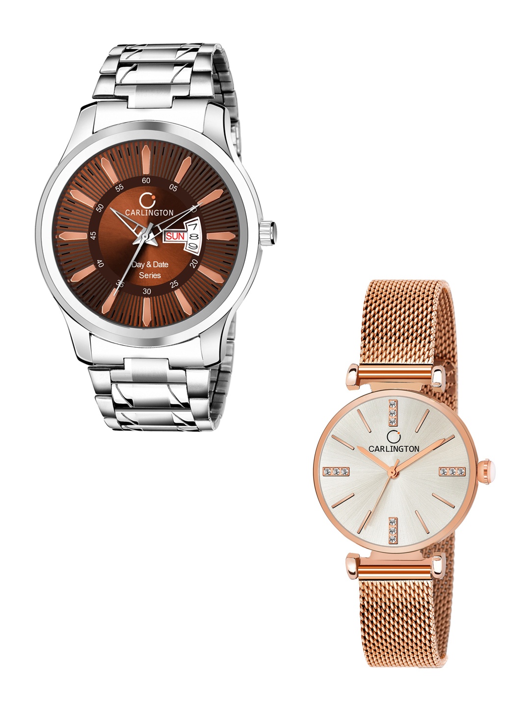 

CARLINGTON Men Set Of 2 Stainless Steel Bracelet Style Straps Analogue Watch, Multi
