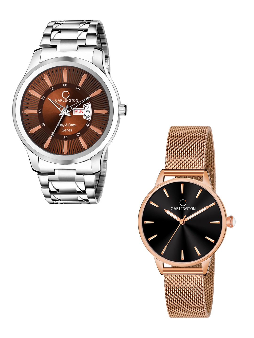 

CARLINGTON Men Pack of 2 Stainless Steel Bracelet Style Straps Analogue Watch, Multi