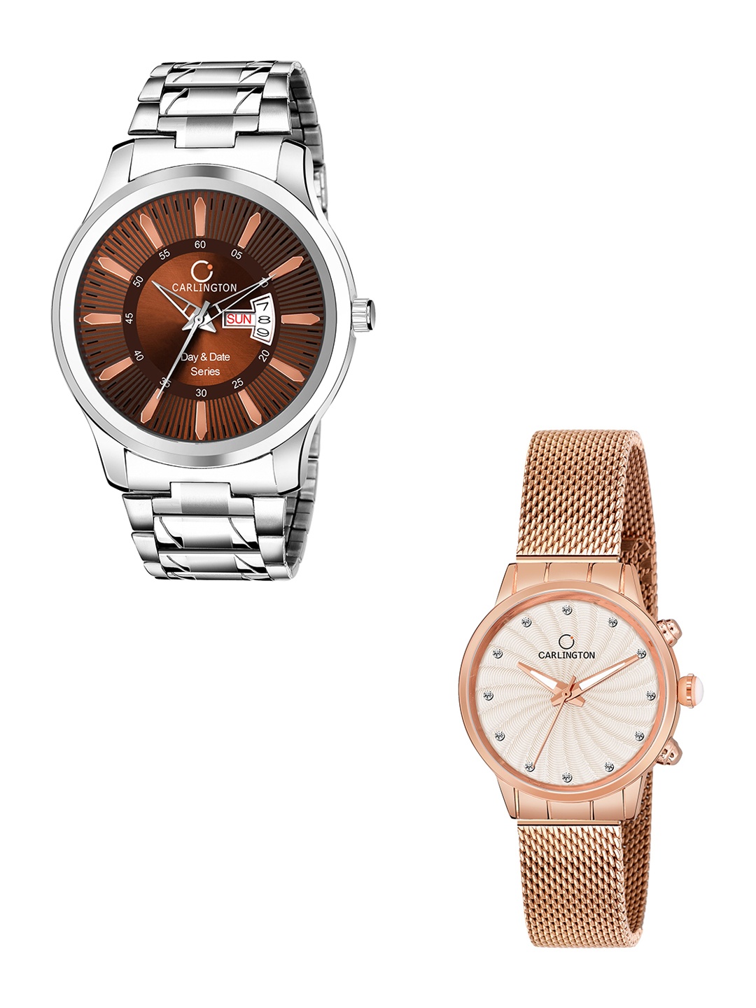 

CARLINGTON Men Pack of 2 Stainless Steel Bracelet Style Straps Analogue Watch, Multi