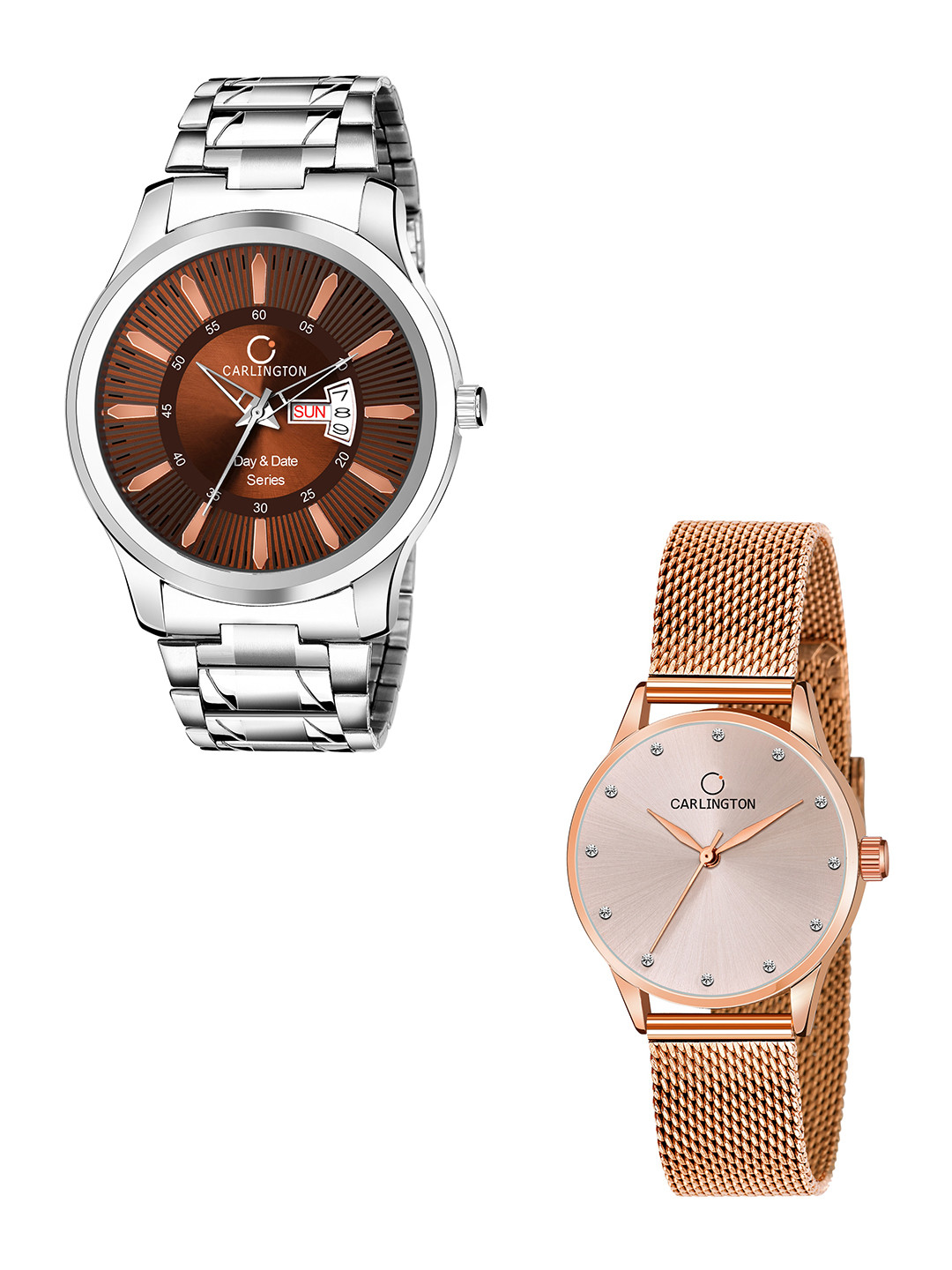 

CARLINGTON Men Set Of 2 Stainless Steel Bracelet Style Straps Analogue Watch, Multi