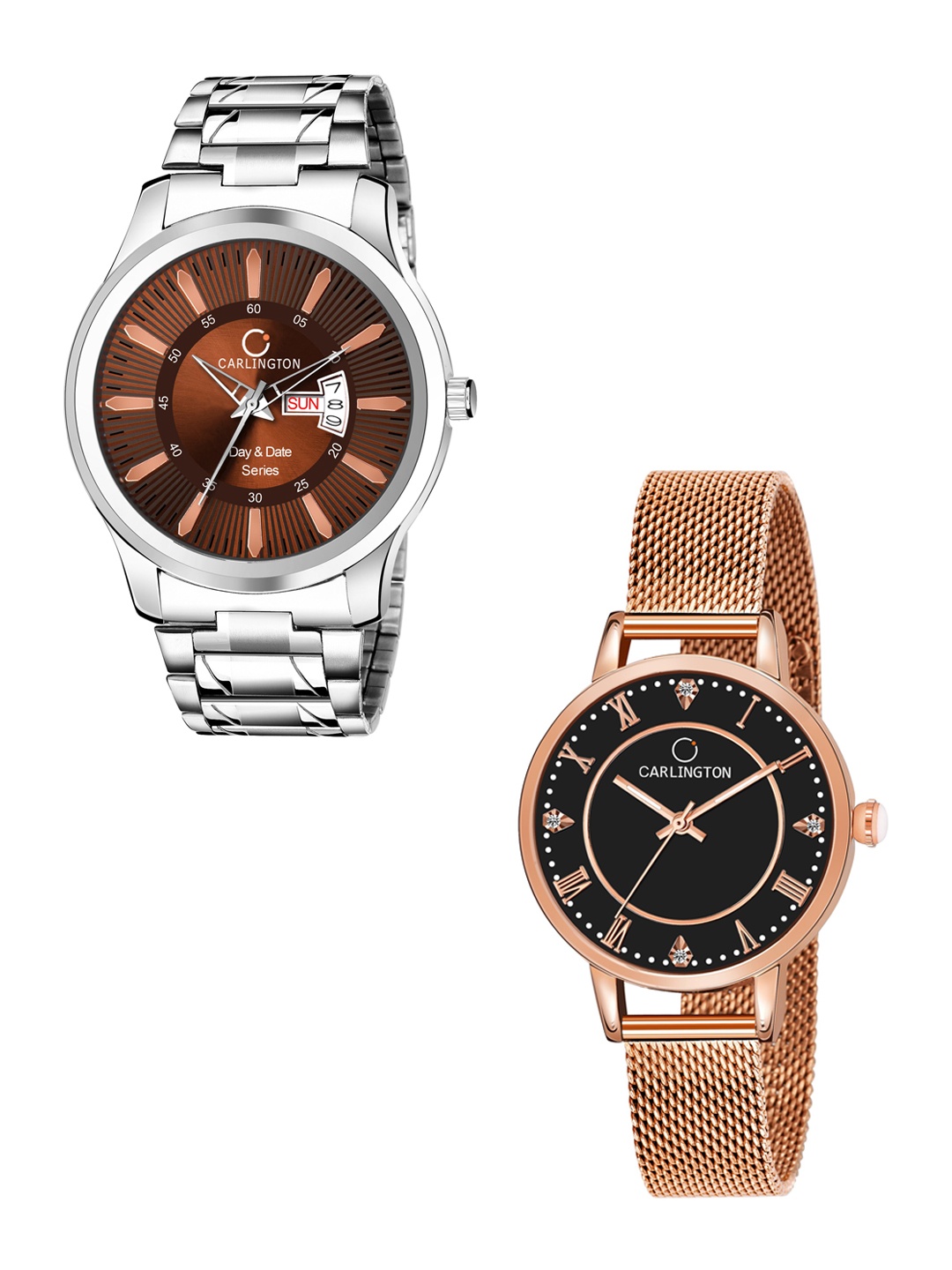 

CARLINGTON Men Set Of 2 Stainless Steel Bracelet Style Straps Analogue Watch, Multi