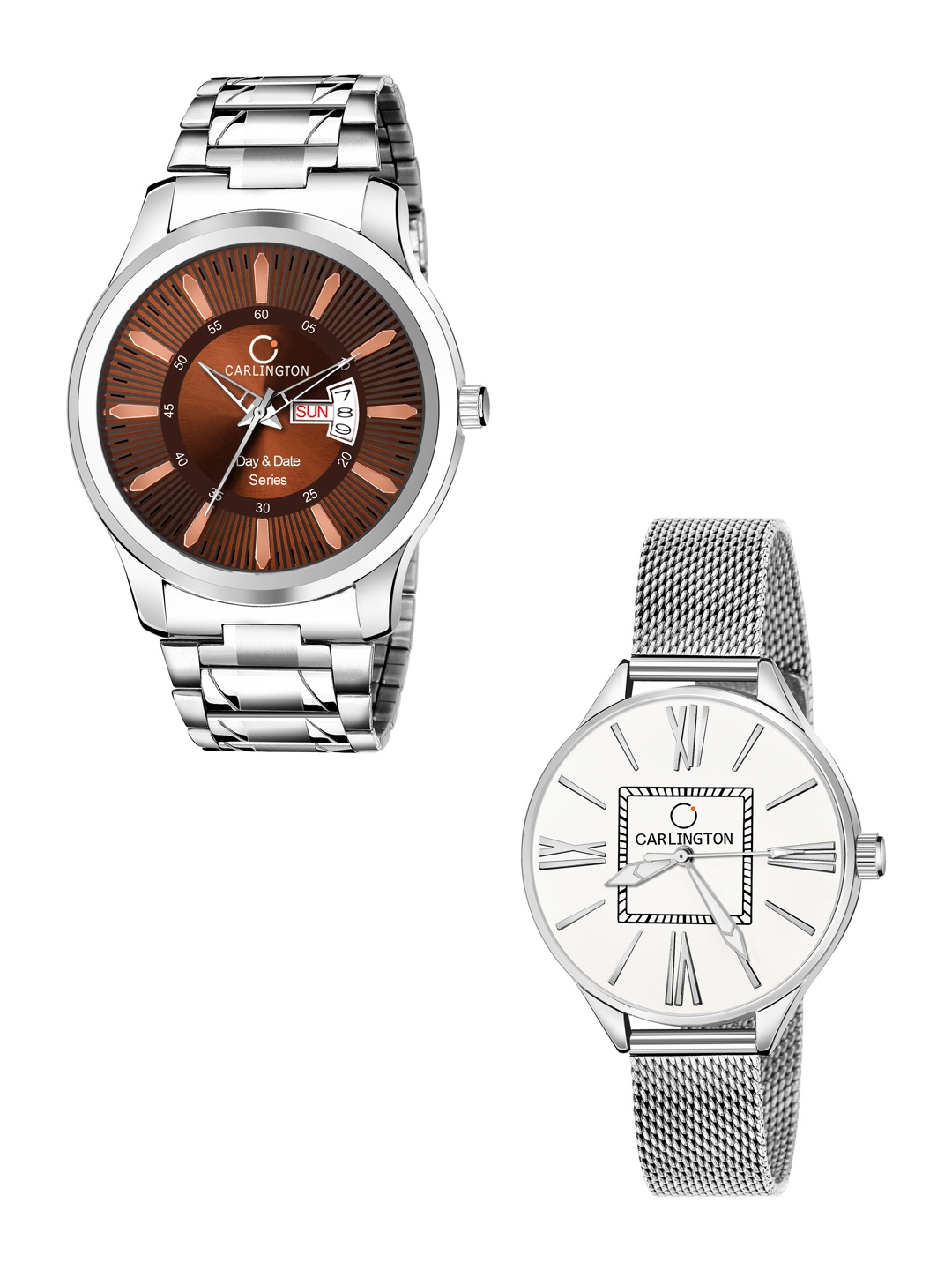 

CARLINGTON Men Set Of 2 Stainless Steel Bracelet Style Straps Analogue Watch, Multi