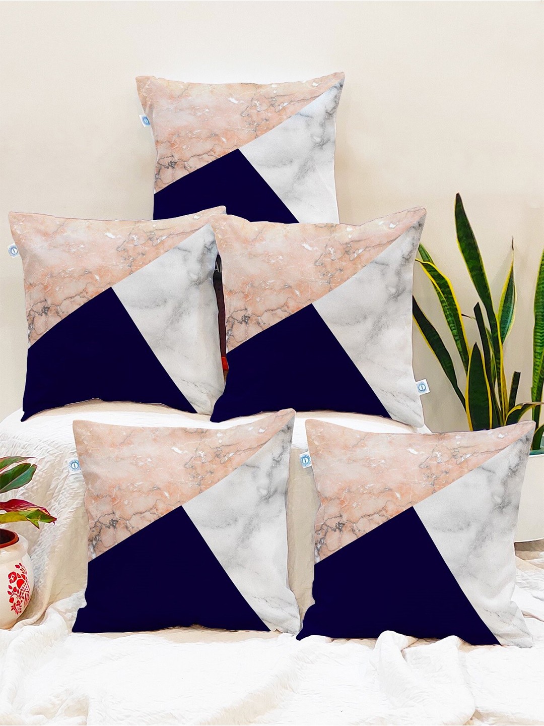 

STITCHNEST Set Of 5 Navy Blue & Pink Geometric Square Cushion Covers