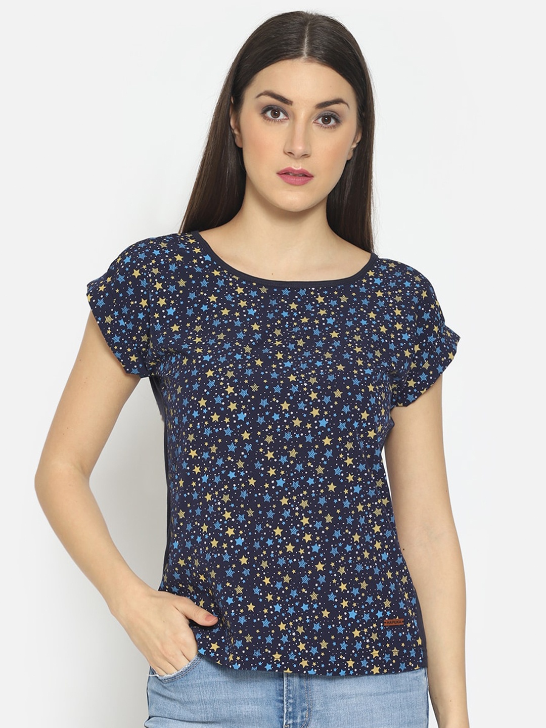 

Hapuka Blue Geometric Print Extended Sleeves Crepe Top