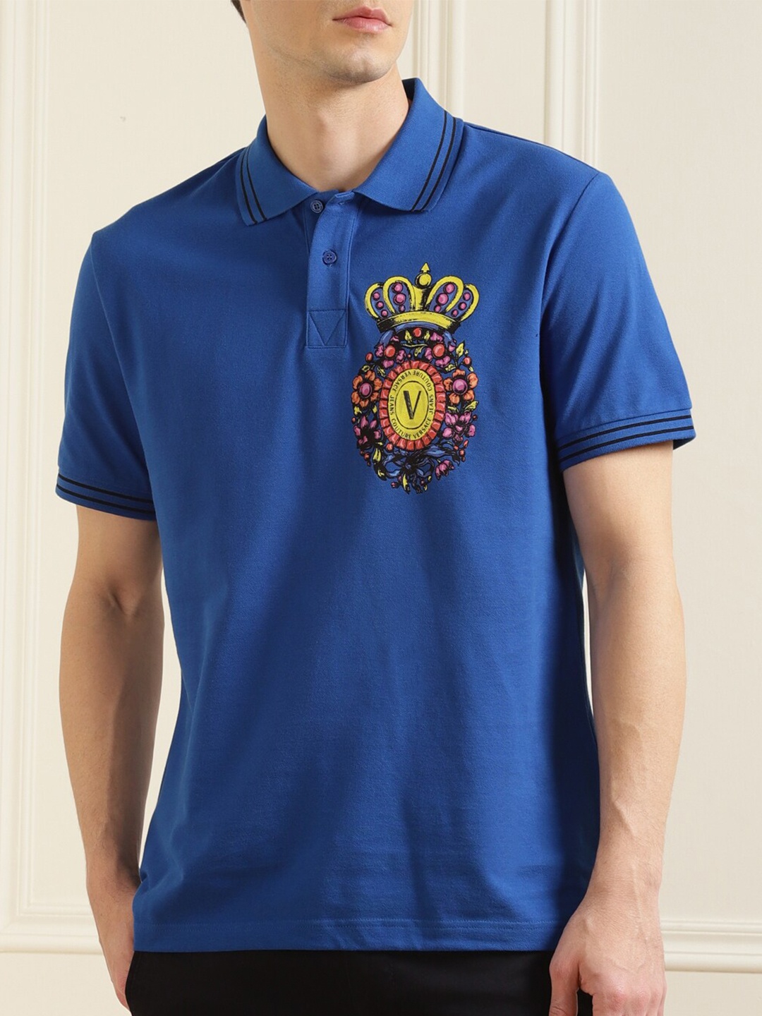 

Versace Jeans Couture Men Blue Printed Polo Collar T-shirt