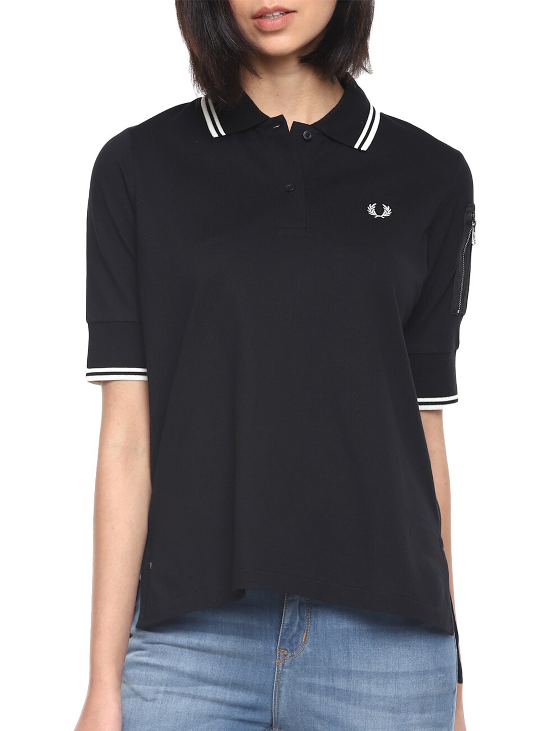 

Fred Perry Women Black Polo Collar Pure Cotton T-shirt