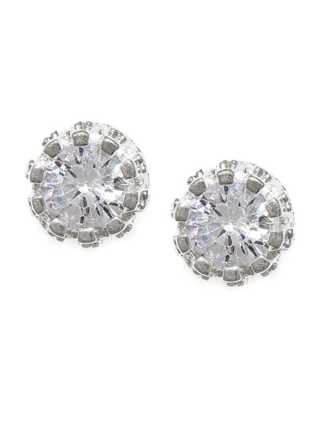 

OOMPH Silver-Toned Circular Crown Shape Solitaire Studs Earrings