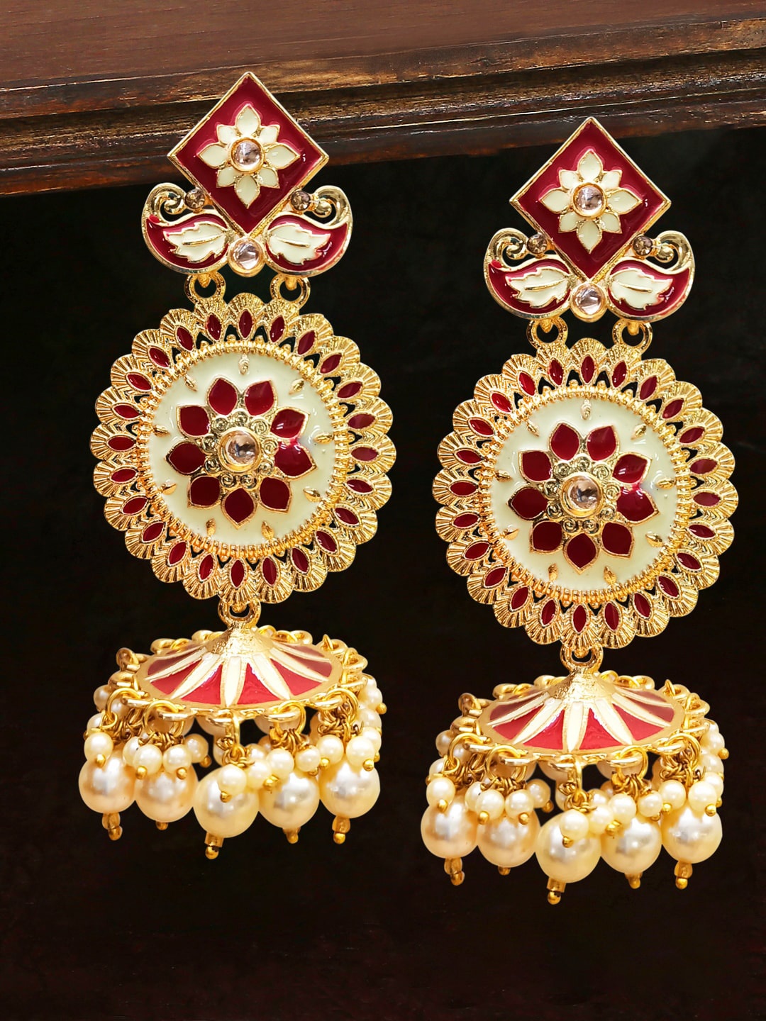 

OOMPH Red & Gold-Toned Meenakari Jhumkas Earrings