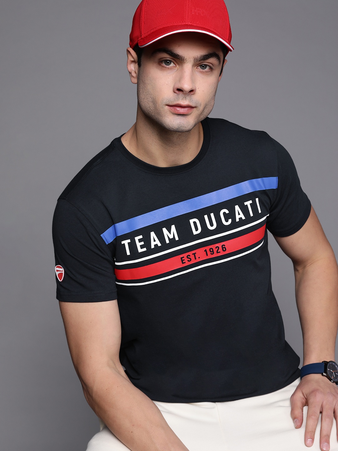 

Ducati Men Blue & Red Brand Logo Printed T-shirt