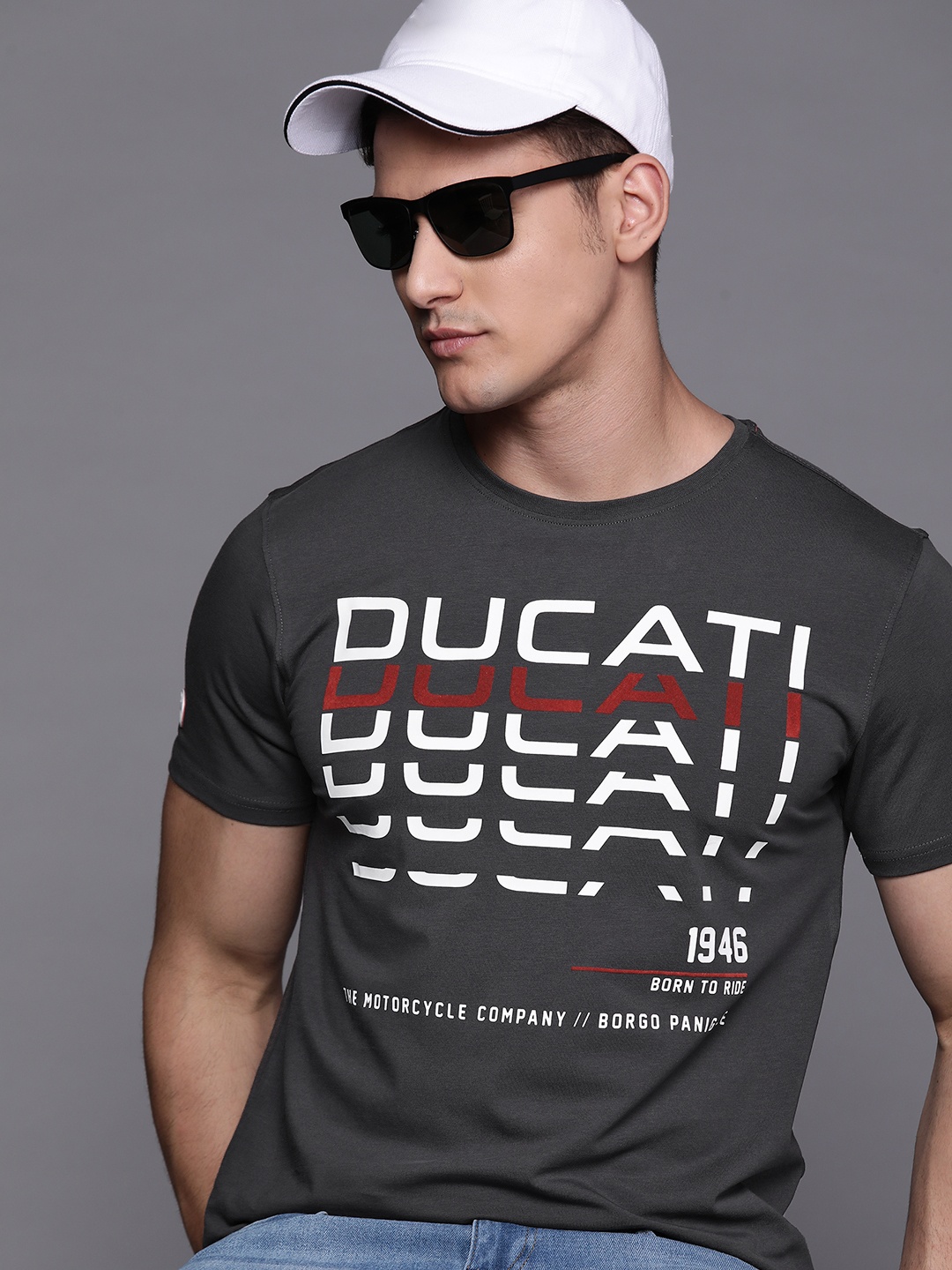 

Ducati Men Charcoal Grey & White Brand Logo Printed Pure Cotton T-shirt
