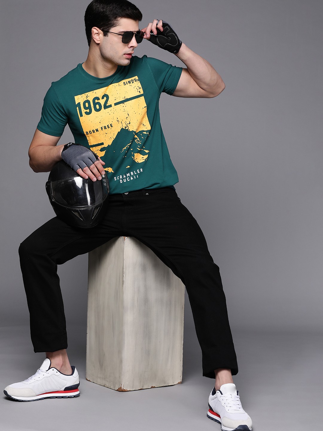 

Ducati Scrambler Men Teal Green & Yellow Typography Printed T-shirt