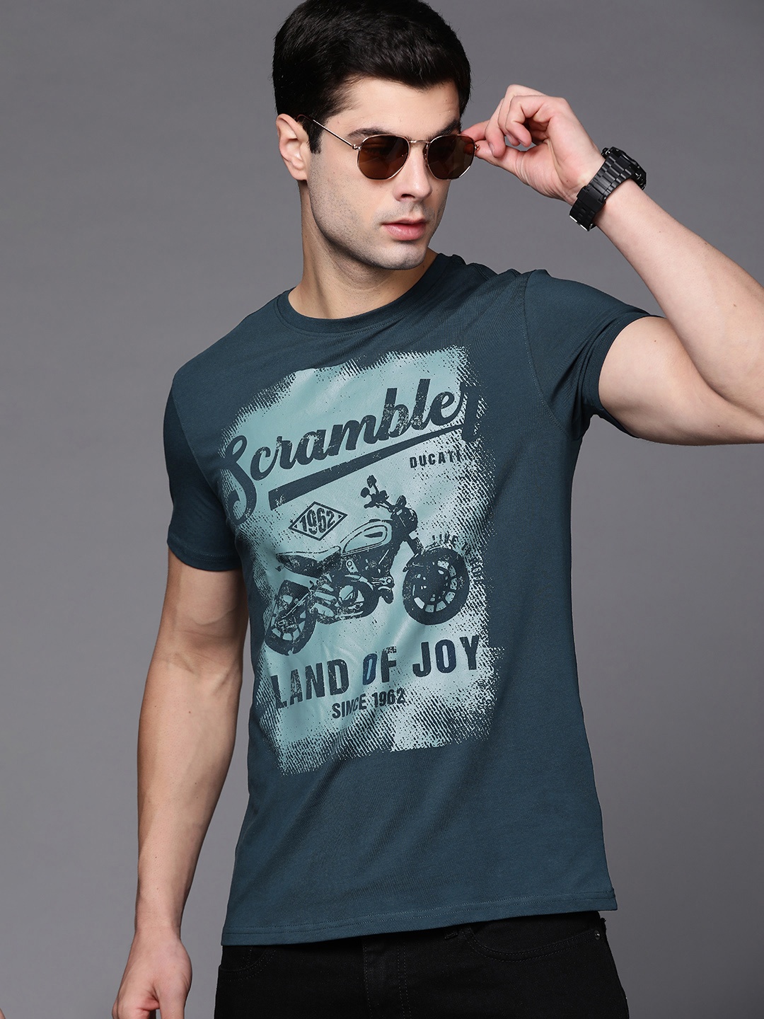 

Ducati Scrambler Men Teal Blue Biker Printed T-shirt
