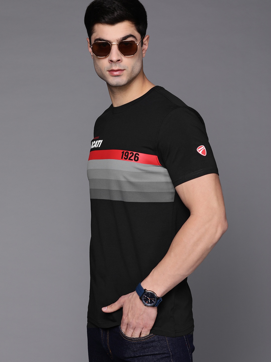 

Ducati Men Black & Peach-Coloured Striped T-shirt