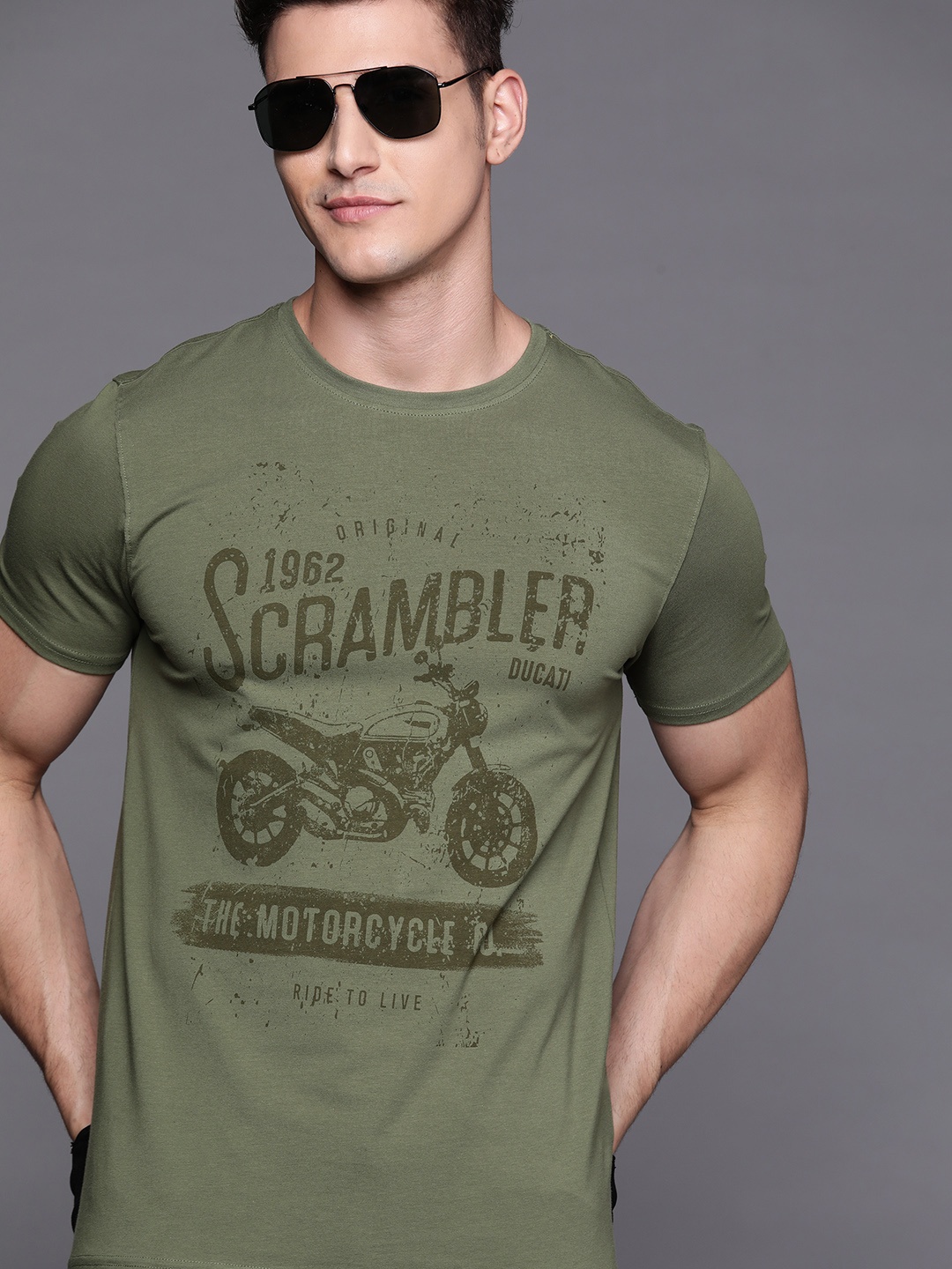 

Ducati X Scrambler Men Olive Green Biker Print T-shirt