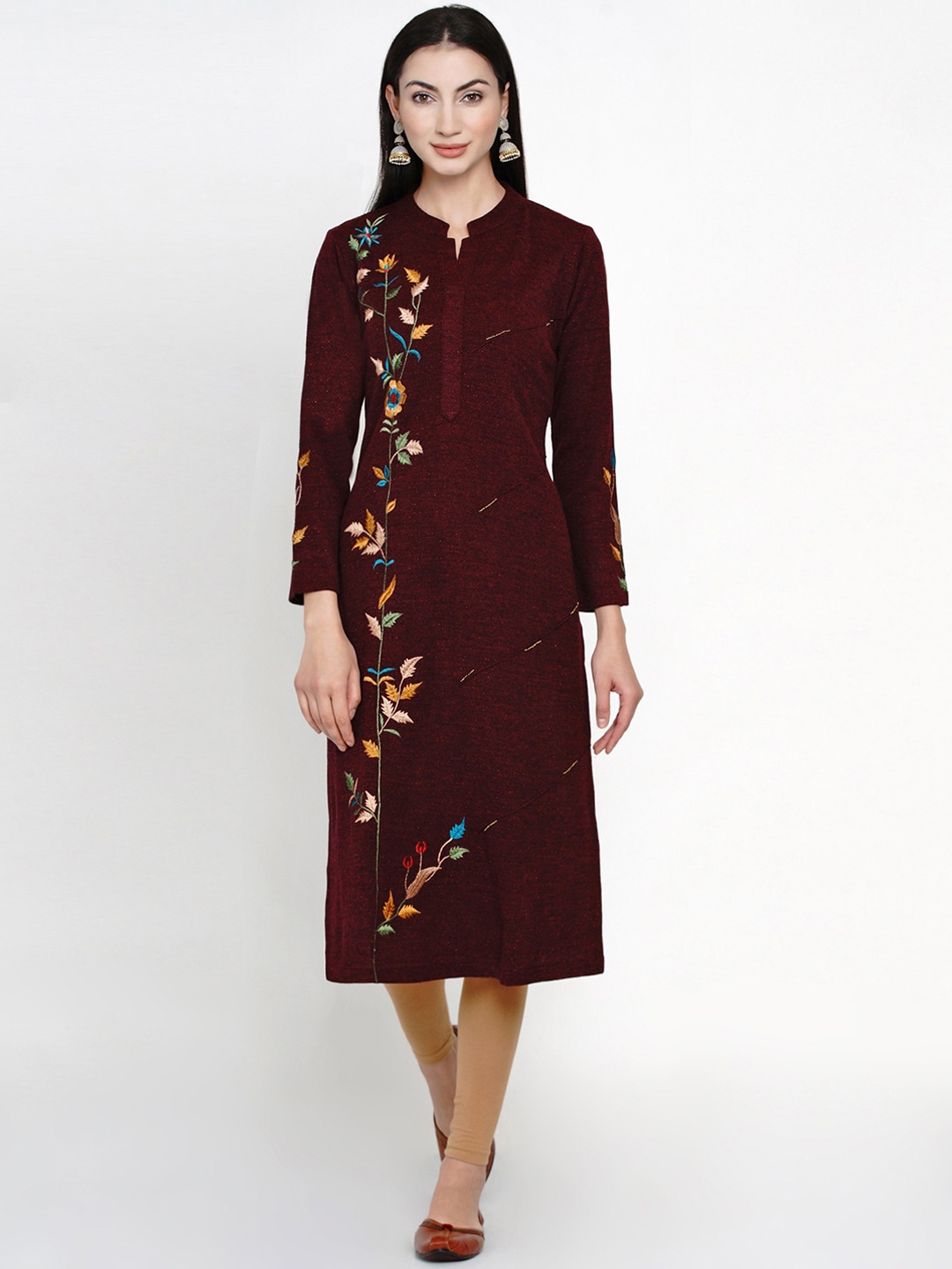 

FABNEST Women Maroon Floral Embroidered Thread Work Kurta