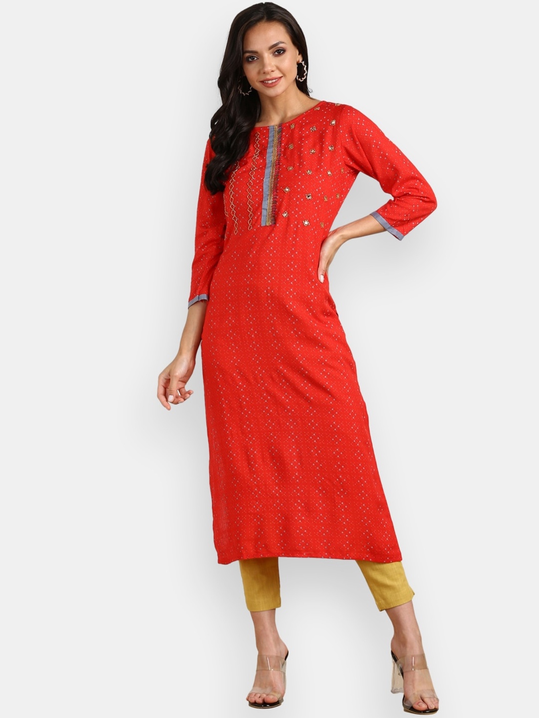 

VEDANA Women Red & Grey Geometric Printed Straight Kurta