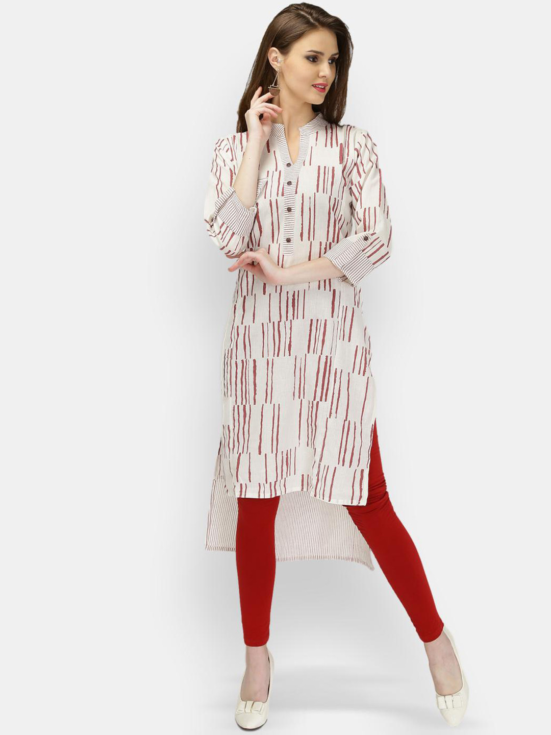 

VEDANA Women Off White & Maroon Geometric Striped Pathani Kurta