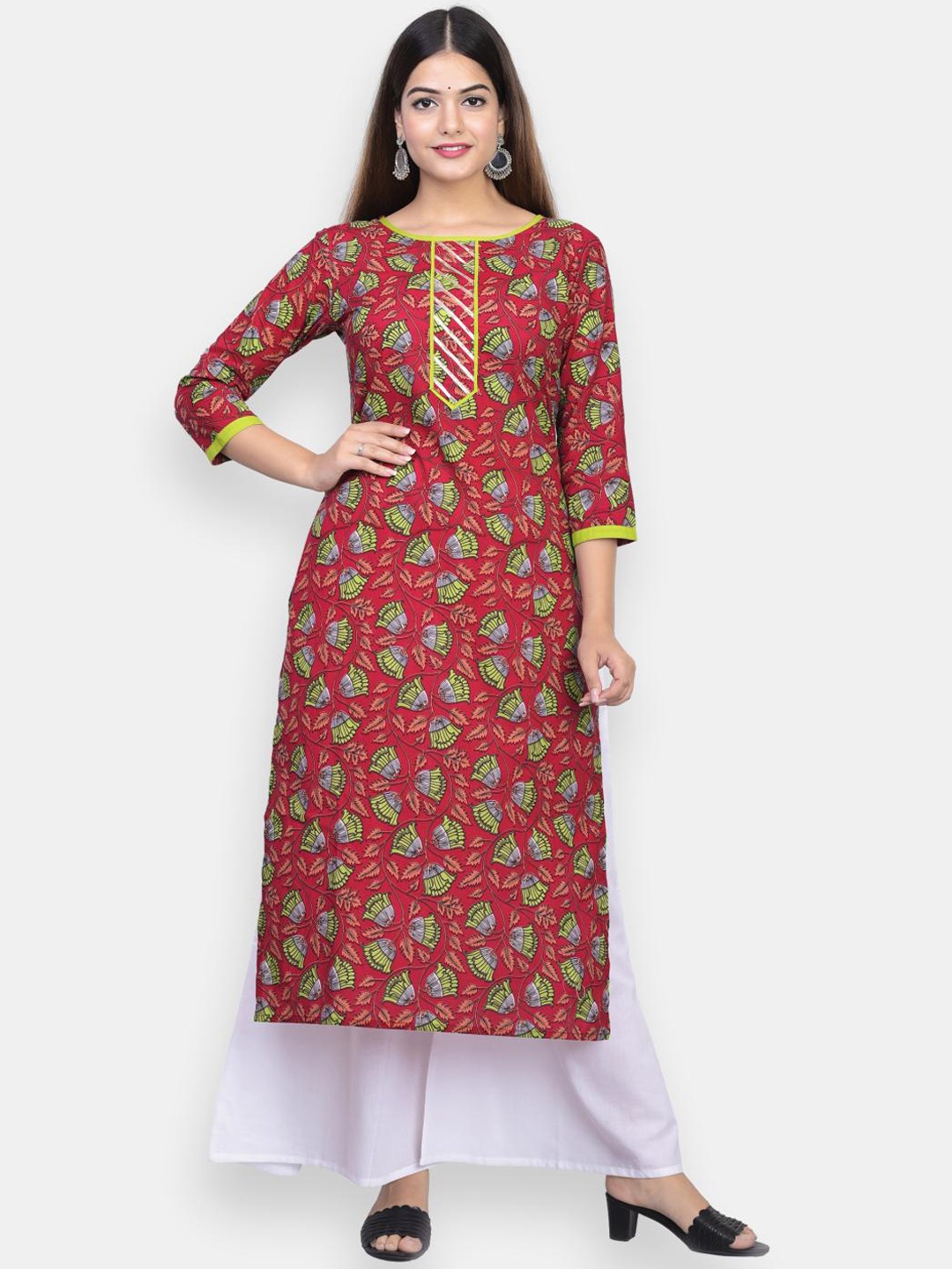 

VEDANA Women Red & Green Floral Screen Printed Cotton Straight Kurta
