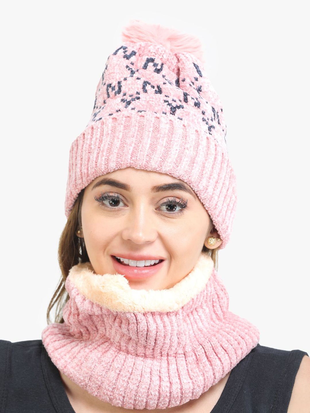 

ELLIS Women Pink & Grey Self Design Acrylic Beanie