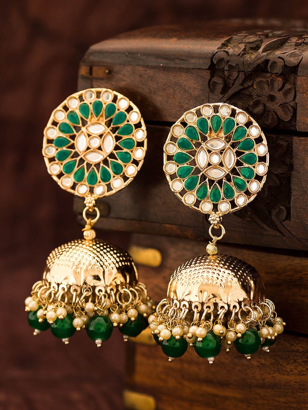 

aadita Gold-Plated & Green Circular Jhumkas Earrings