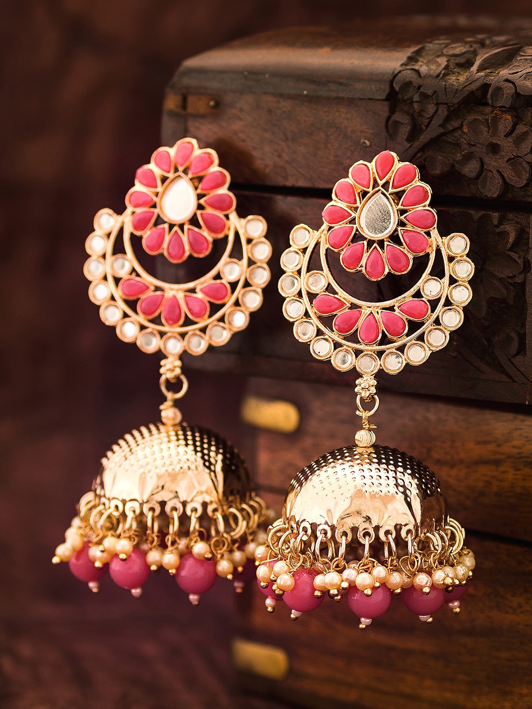 

aadita Gold-Plated & Pink Floral Jhumkas