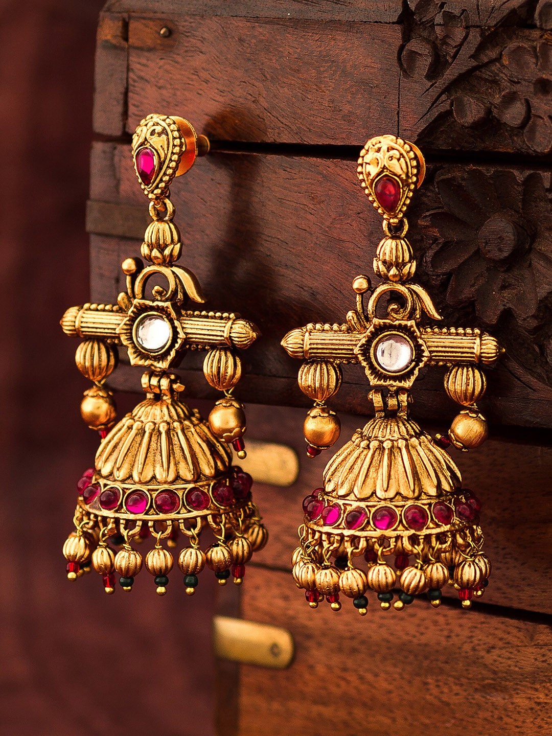 

aadita Gold-Toned Geometric Jhumkas Earrings