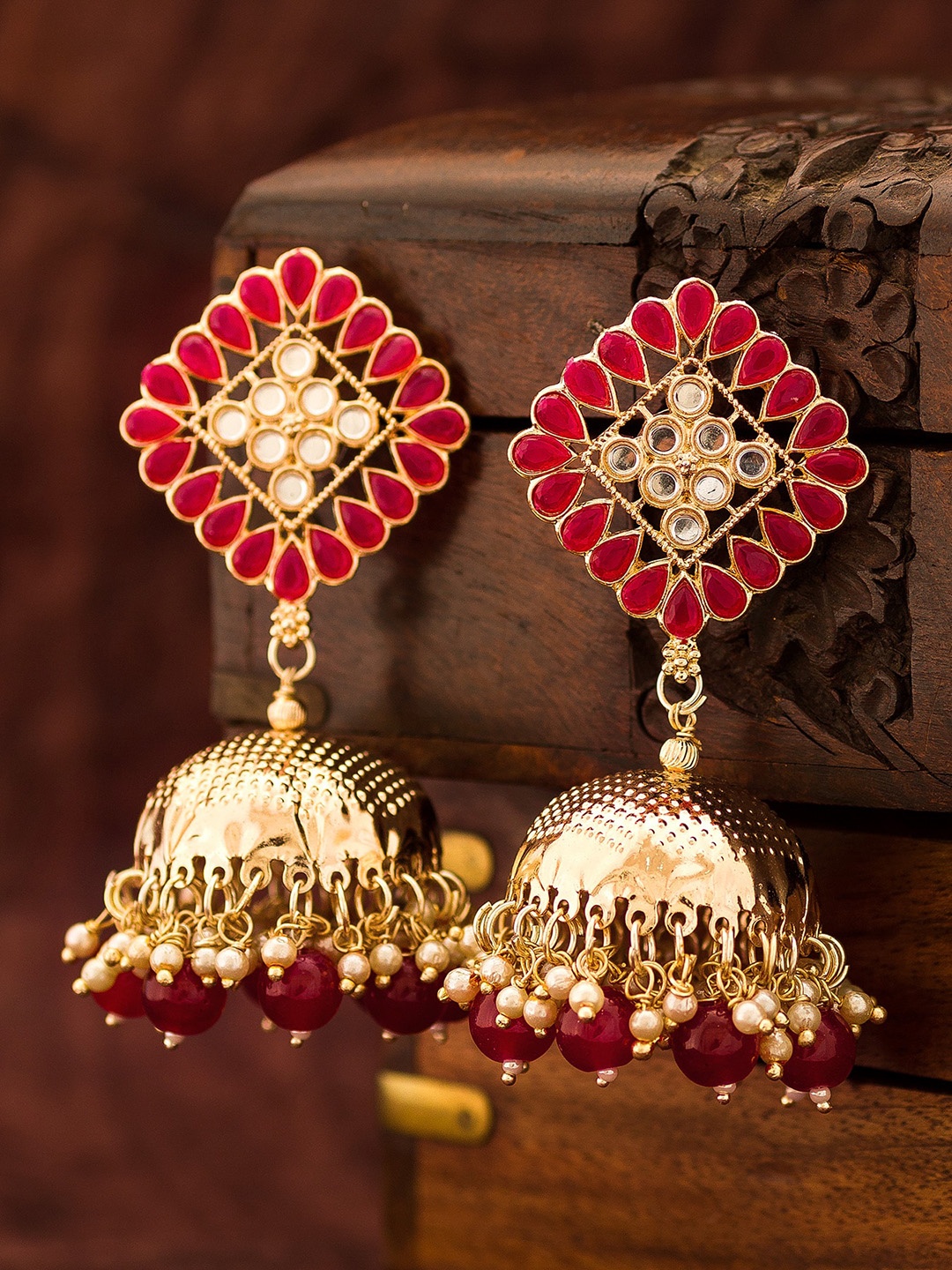 

aadita Gold-Toned & Red Dome Shaped Jhumkas Earrings