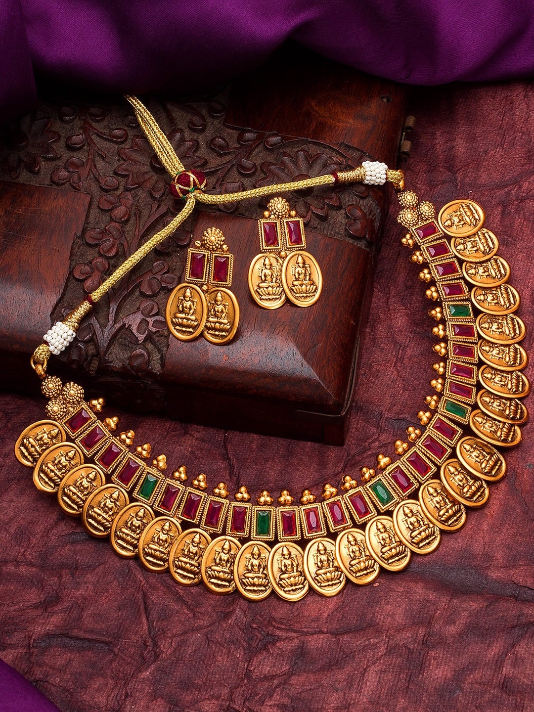 

aadita Gold-Plated Pink & Green Stone Studded Temple Jewellery Set