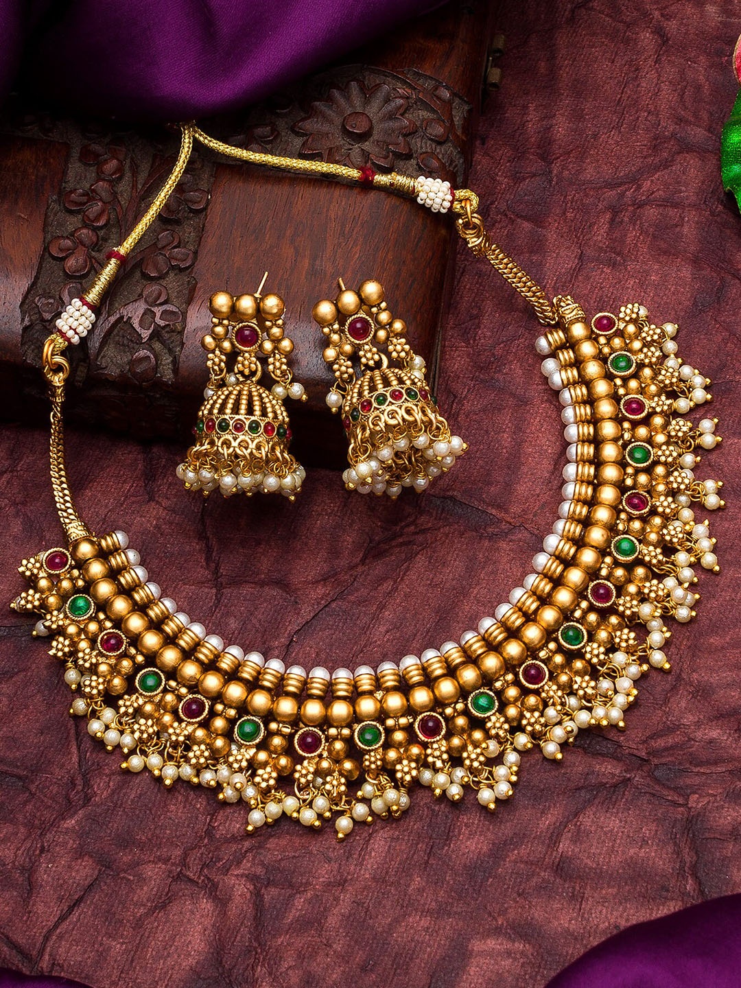 

aadita Woman Gold-Plated Pink & Green Stone Studded & Beaded Temple Jewellery Set