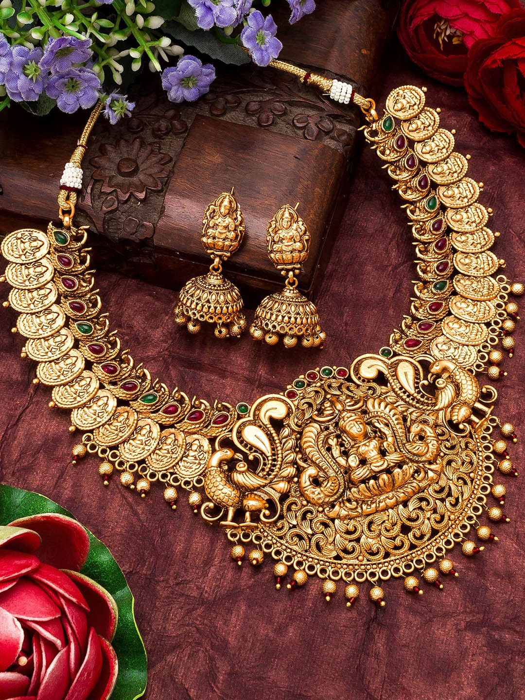 

aadita Gold-Plated Pink & Green Stone Studded & Beaded Temple Jewellery Set
