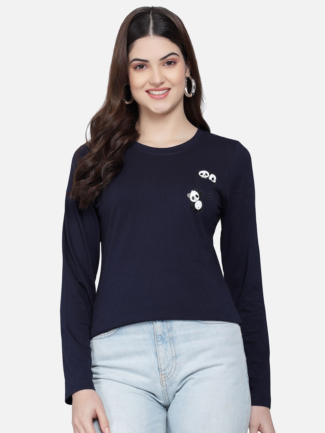 

PockMAN Women Navy Blue Solid Round Neck T-shirt with Print Detail