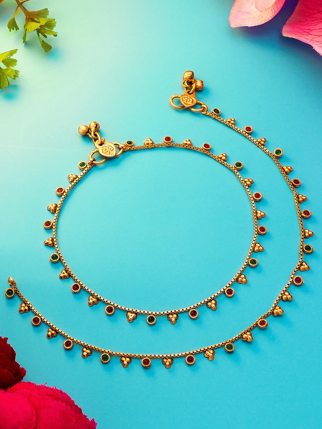 

aadita Gold-Plated Green & Red Stone-Studded Anklet