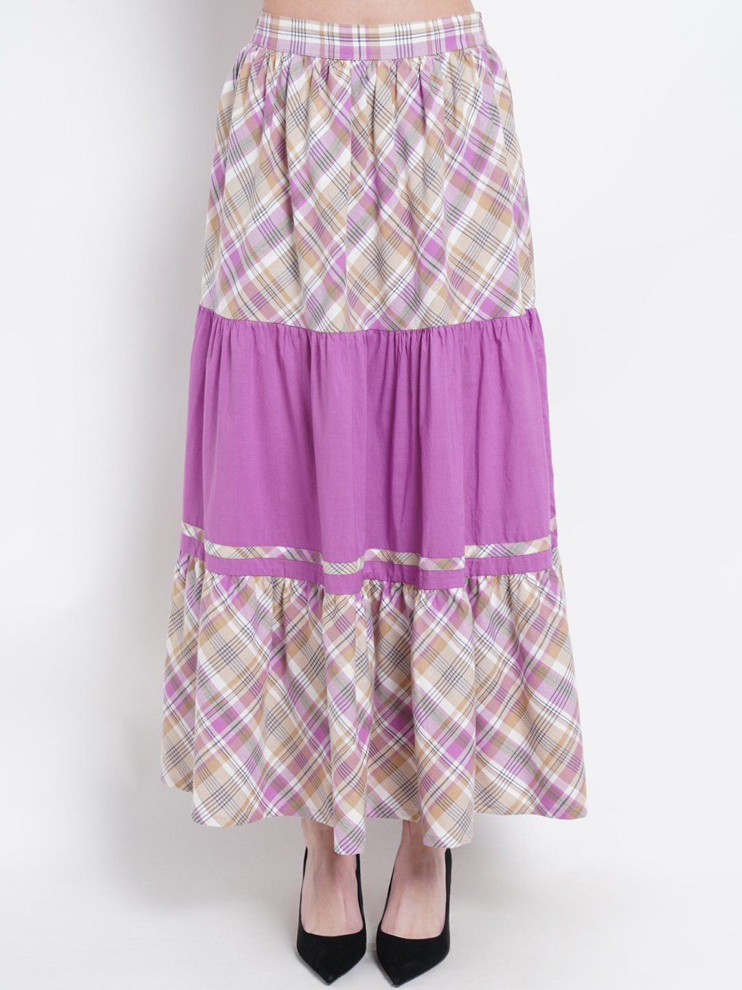 

Purple State Women Pink & White Checked Pure Cotton Maxi Flared Skirt