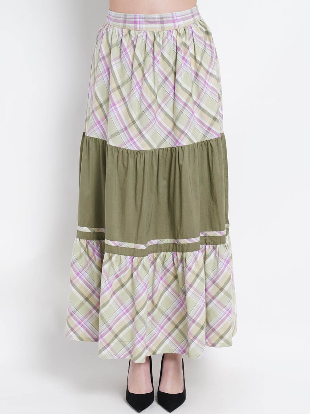 

Purple State Women Green & White Checked Flared Maxi Skirt