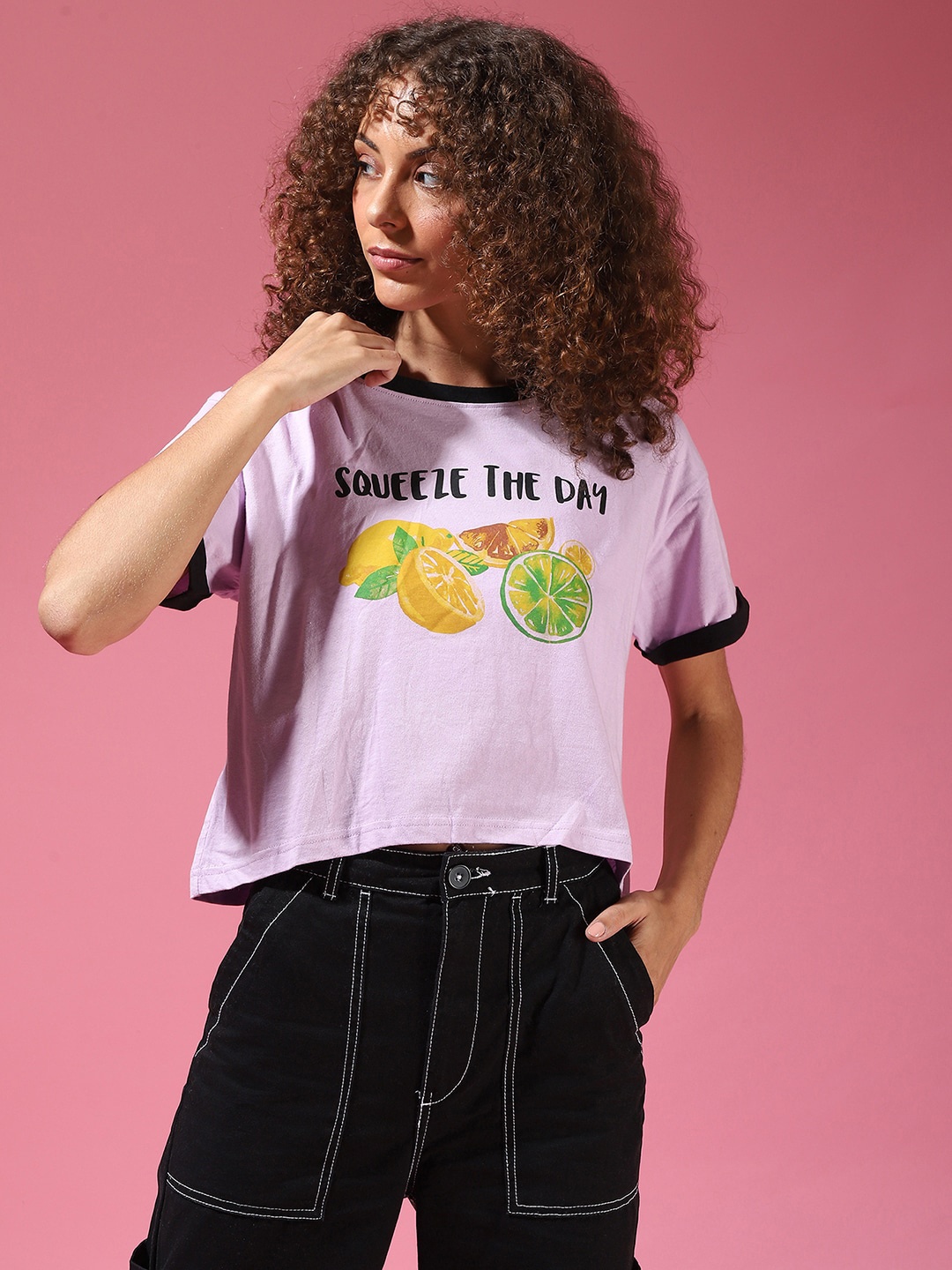 

Campus Sutra Purple Print Boxy Crop Top
