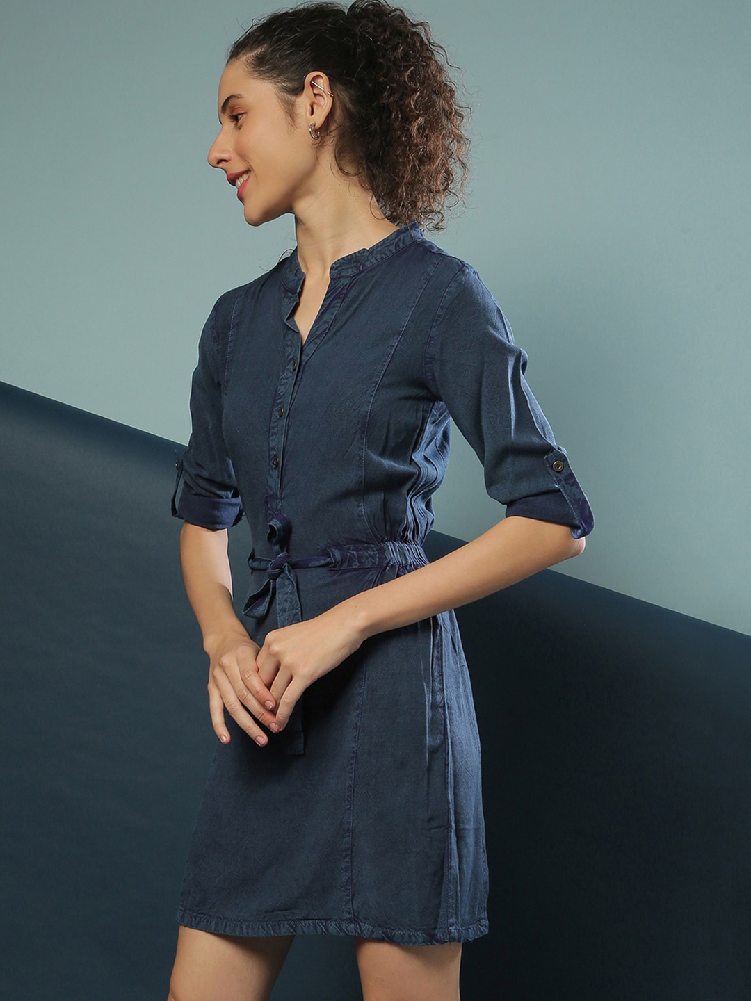 

Campus Sutra Navy Blue Denim Shirt Dress