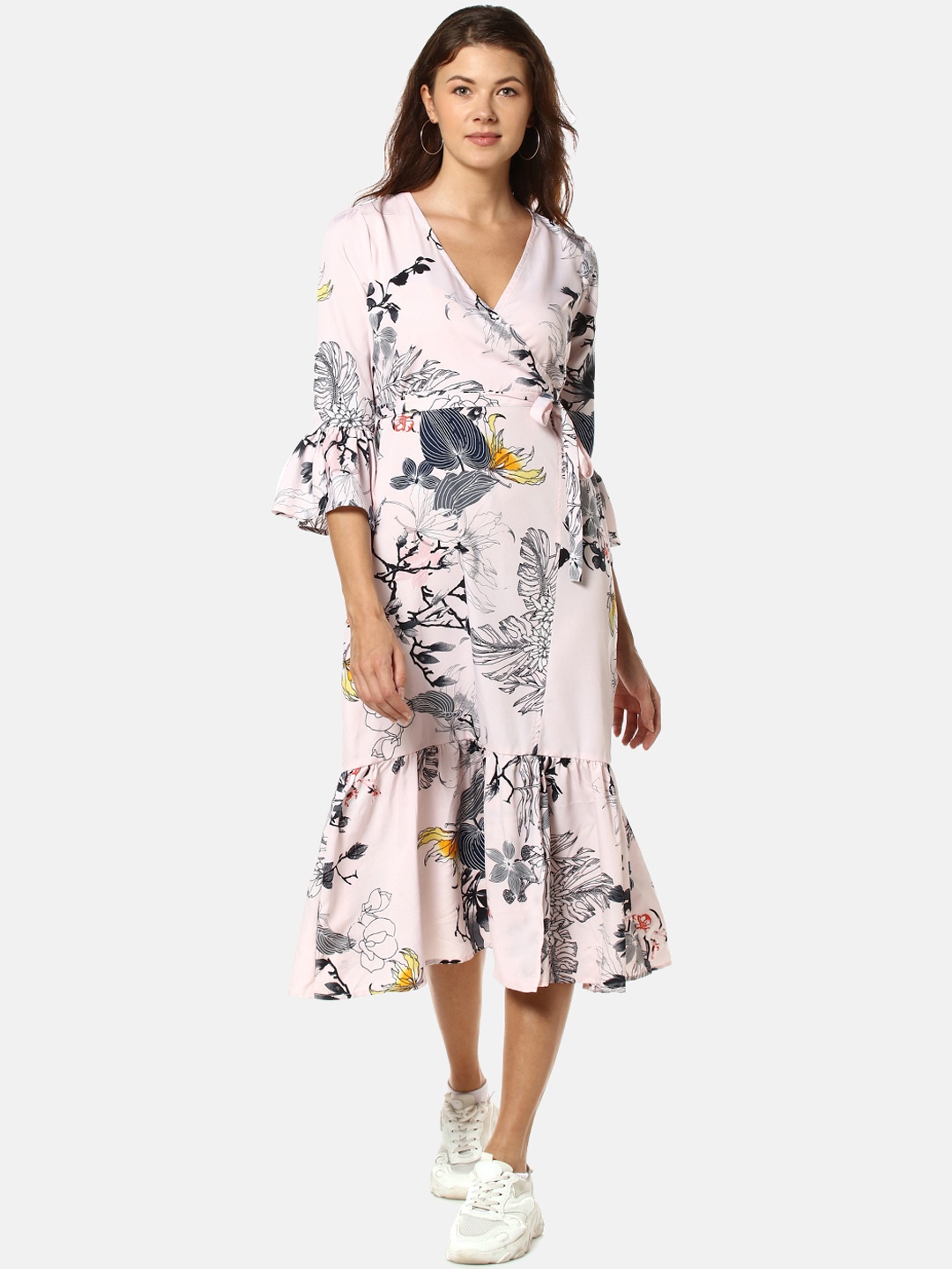 

Campus Sutra Off-White & Grey Floral Midi Wrap Dress