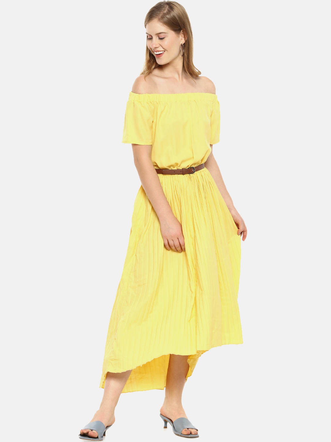 

Campus Sutra Yellow Striped Off-Shoulder Net Midi Dress