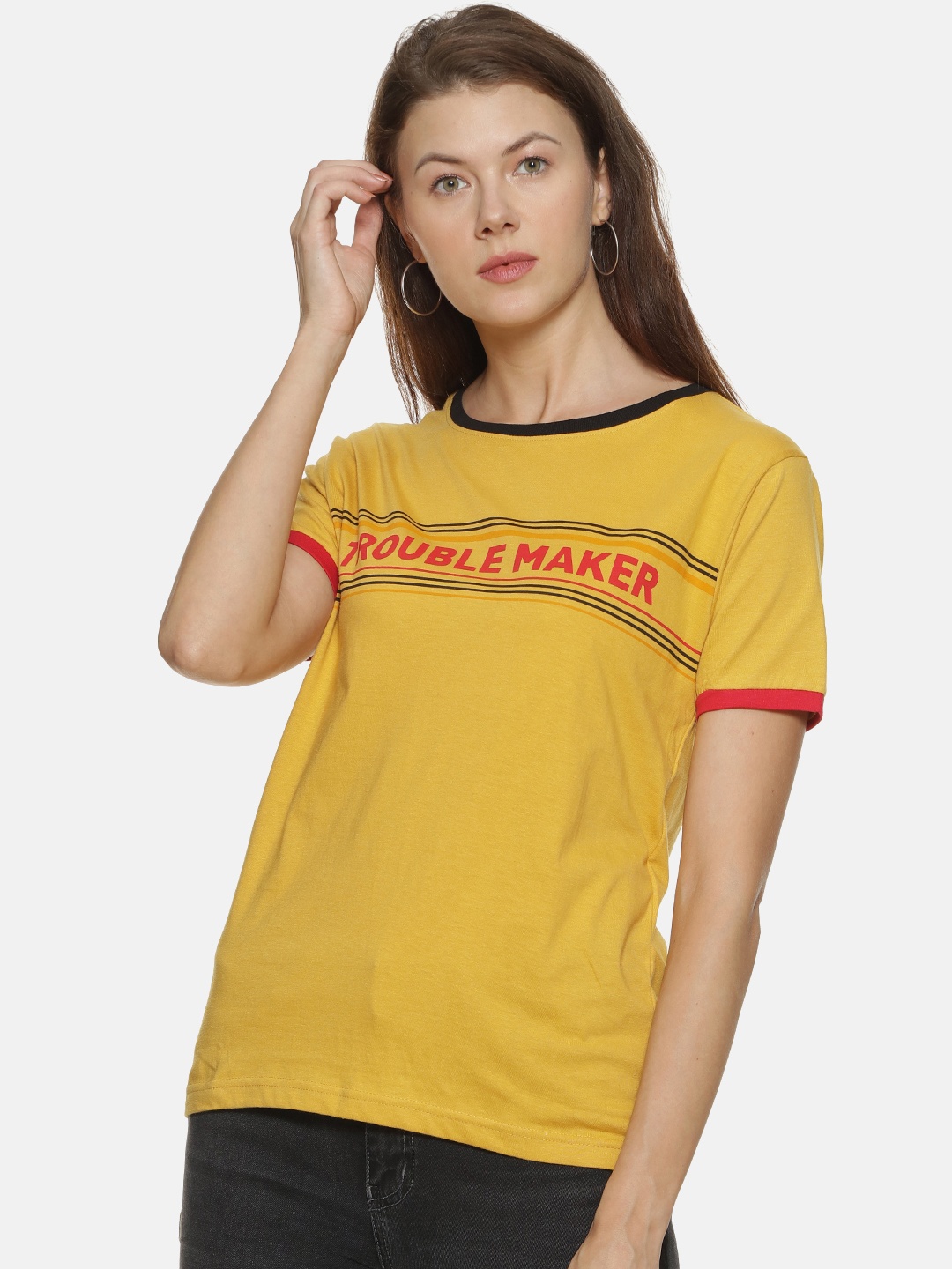 

Campus Sutra Mustard Yellow Print Top