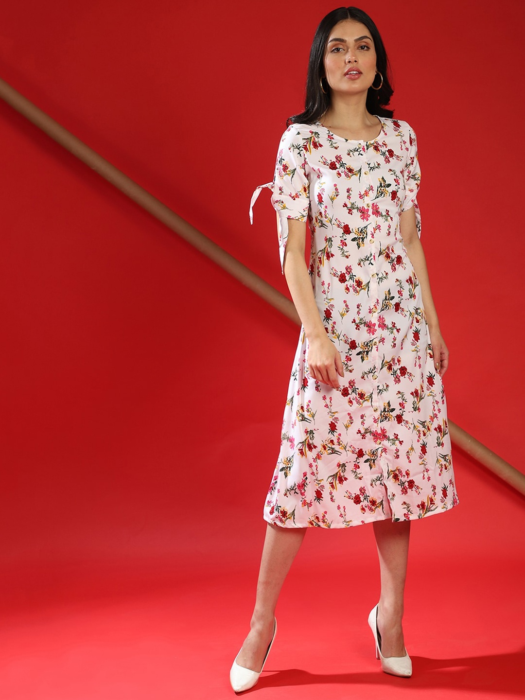 

Campus Sutra White & Red Floral Net A-Line Midi Dress