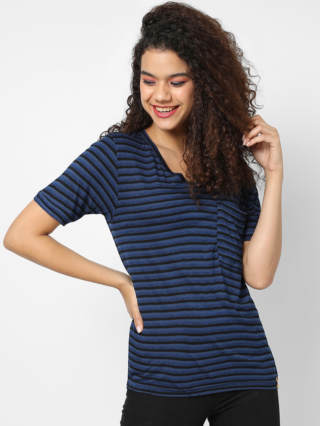

Campus Sutra Navy Blue & Black Striped V-neck Pure Cotton Regular Top