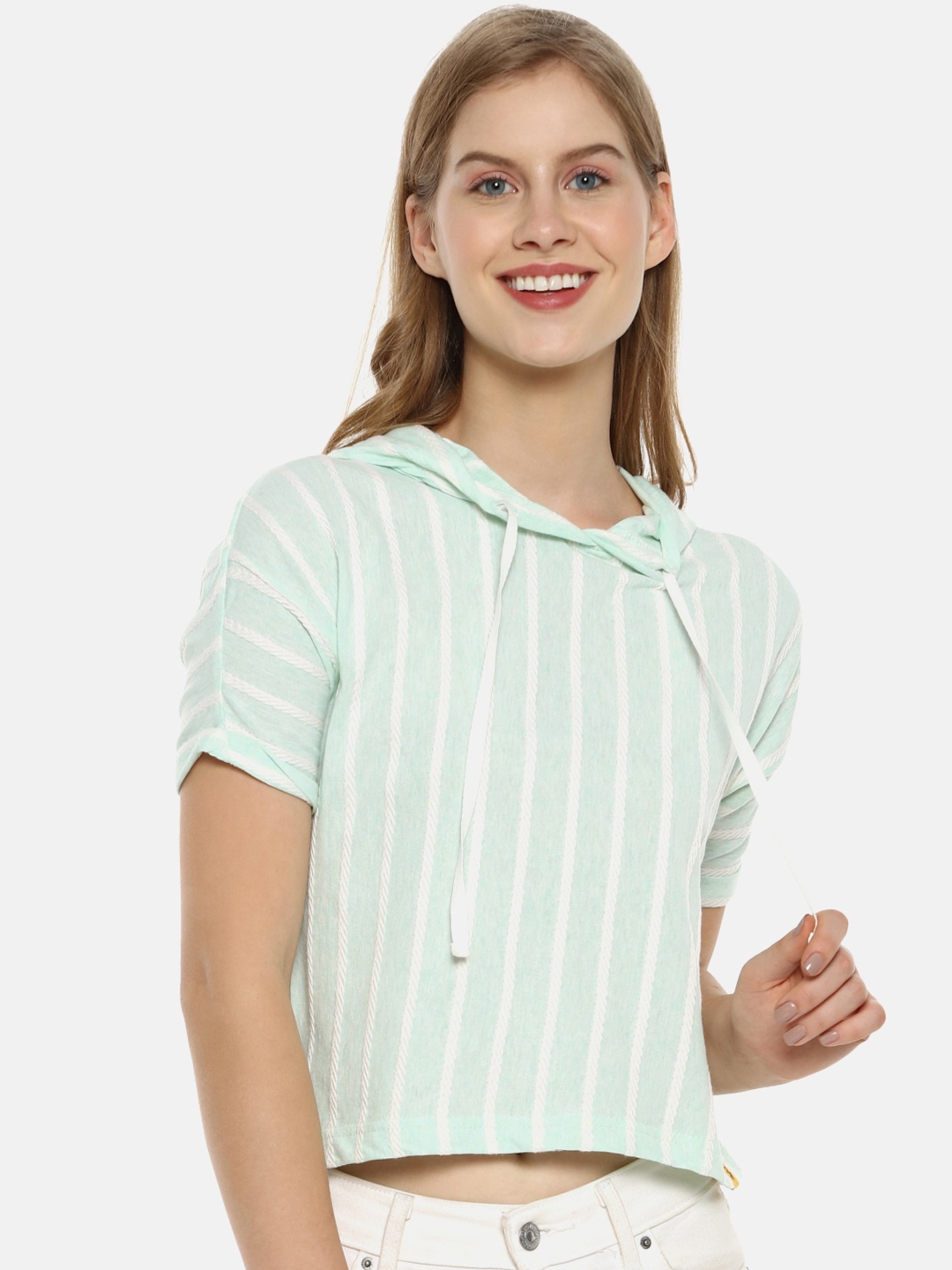 

Campus Sutra Sea Green & White Striped Mandarin Collar Crop Top