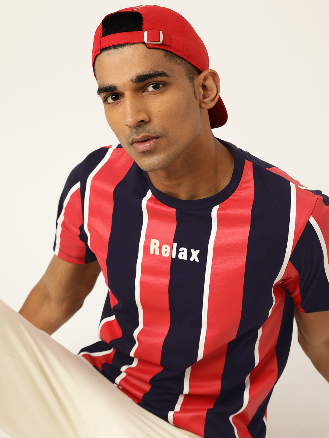 

Kook N Keech Men Red & Navy Blue Striped Pure Cotton Relaxed T-shirt