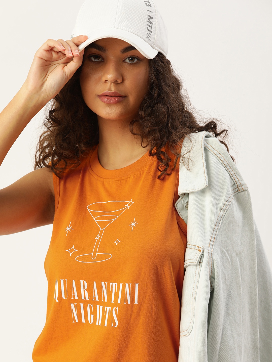 

Kook N Keech Women Orange & White Typography Printed Relaxed Pure Cotton Tank T-shirt