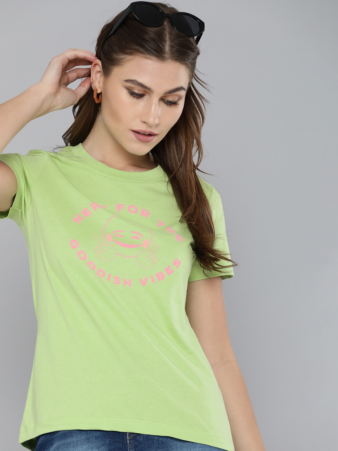 

Kook N Keech Emoji Women Lime Green Typography Printed Casual T-shirt