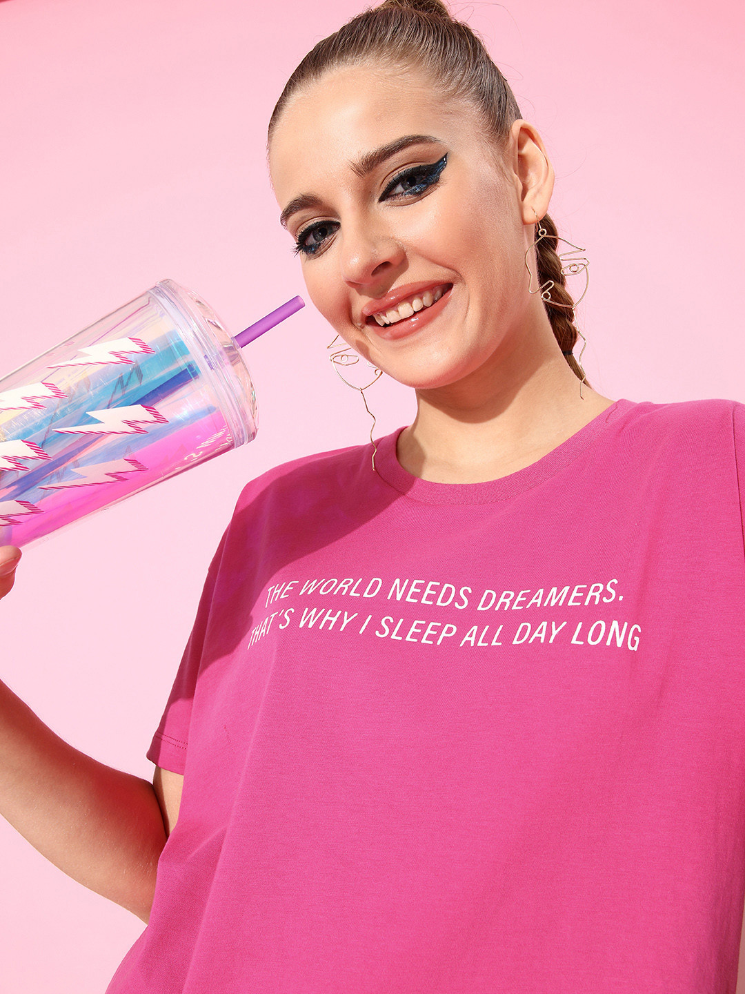 

Kook N Keech Women Pretty Pink Typography Joyful Conversation Tshirt